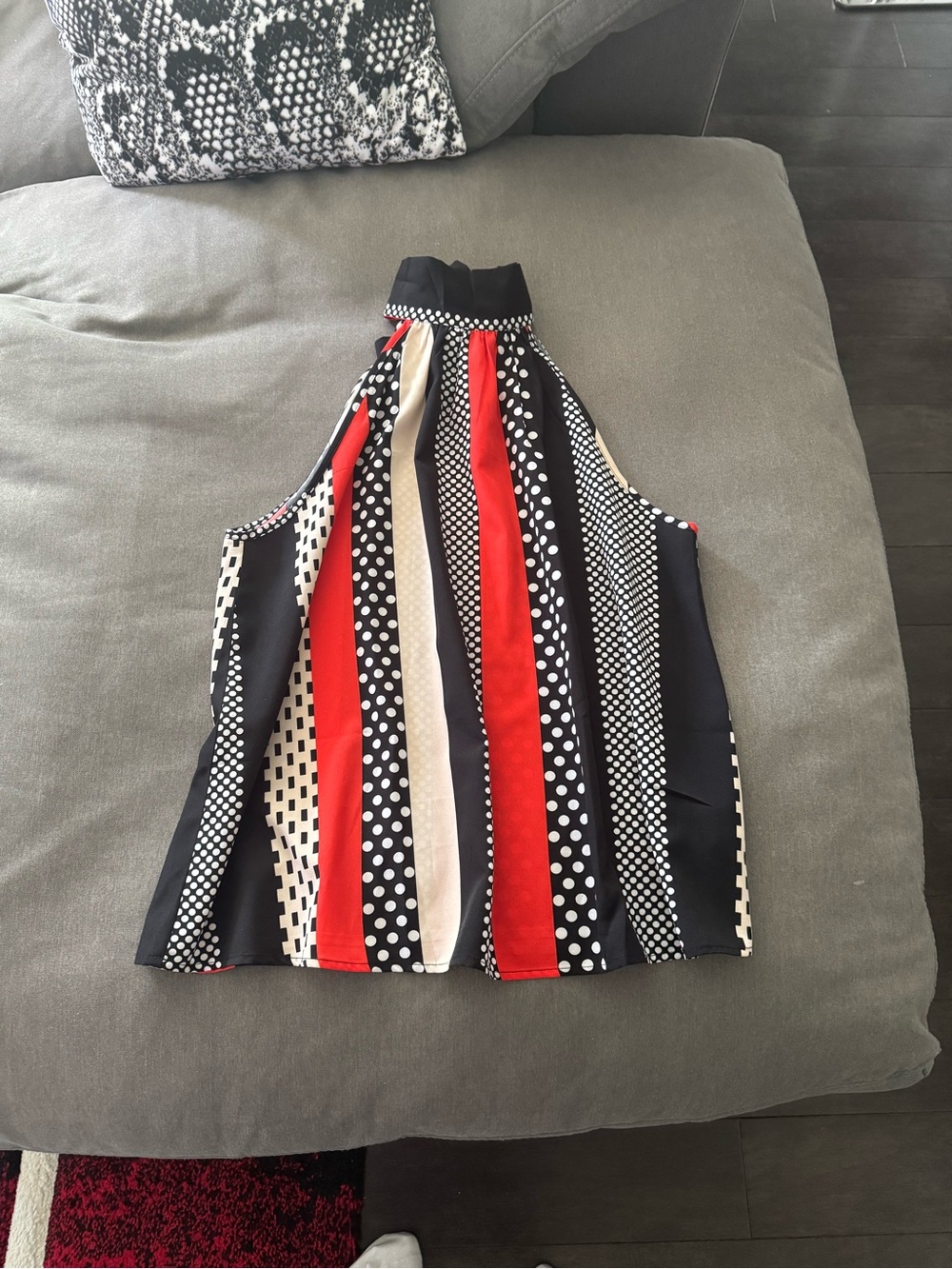 Sleeveless Halter Stripe & Polka Dot Print Top - Black, Red, Cream